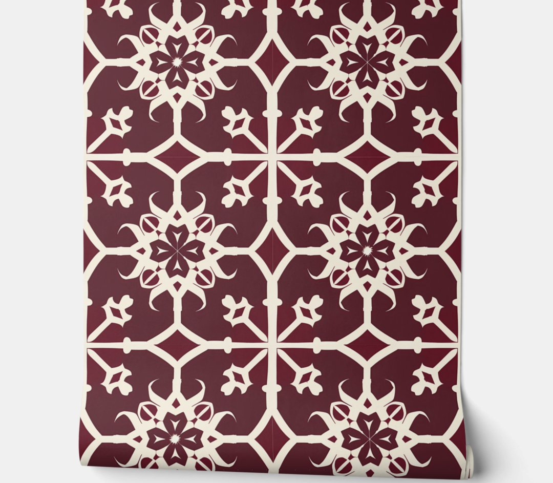 Elegant Burgundy and Cream Floral Geometric Peel and Stick Wallpaper