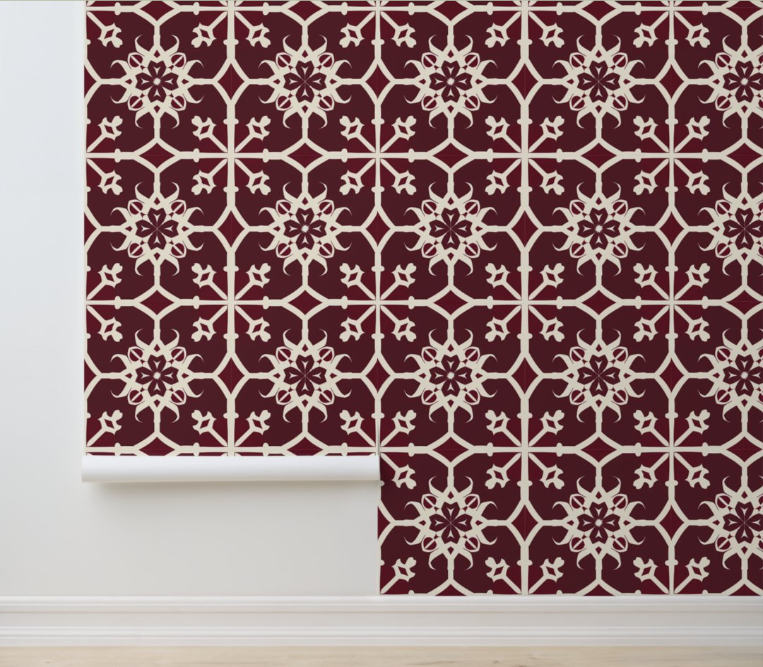 Elegant Burgundy and Cream Floral Geometric Peel and Stick Wallpaper 