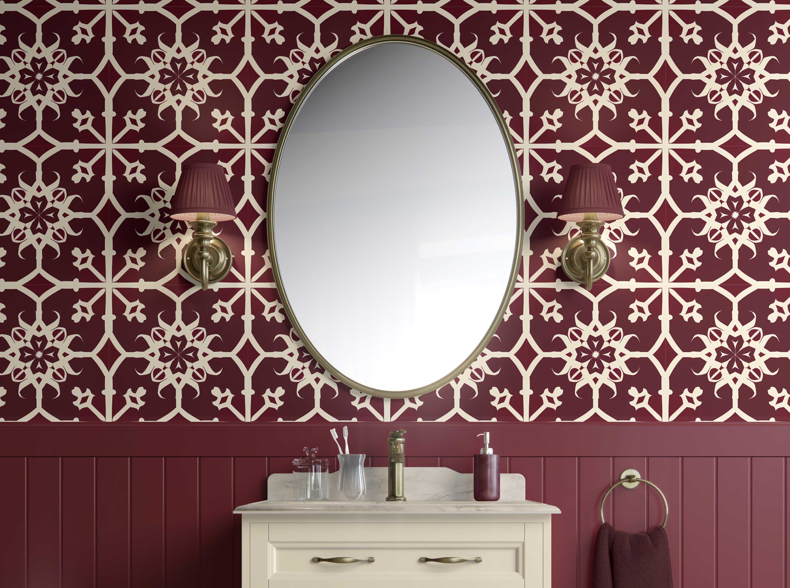 Bathroom Walls Elegant Burgundy and Cream Floral Geometric Peel and Stick Wallpaper 