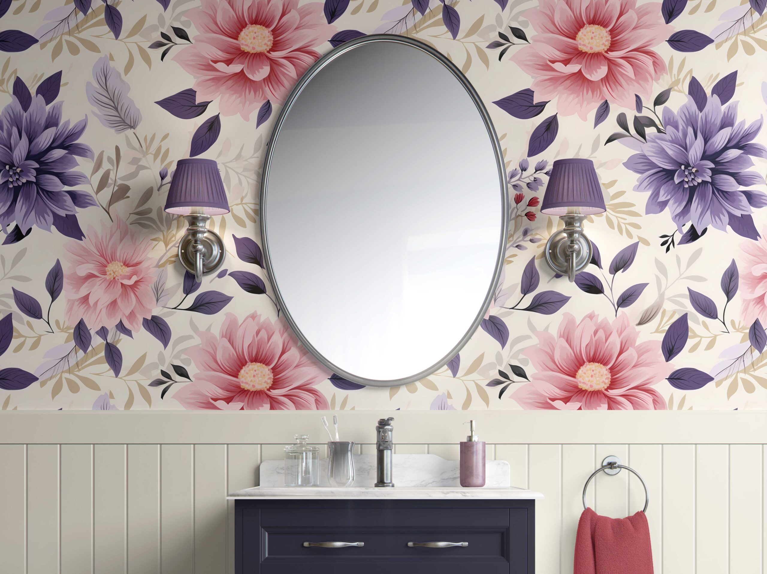Bathroom Walls Radiant Harmony: Purple and Pink Botanical Peel and Stick Wallpaper