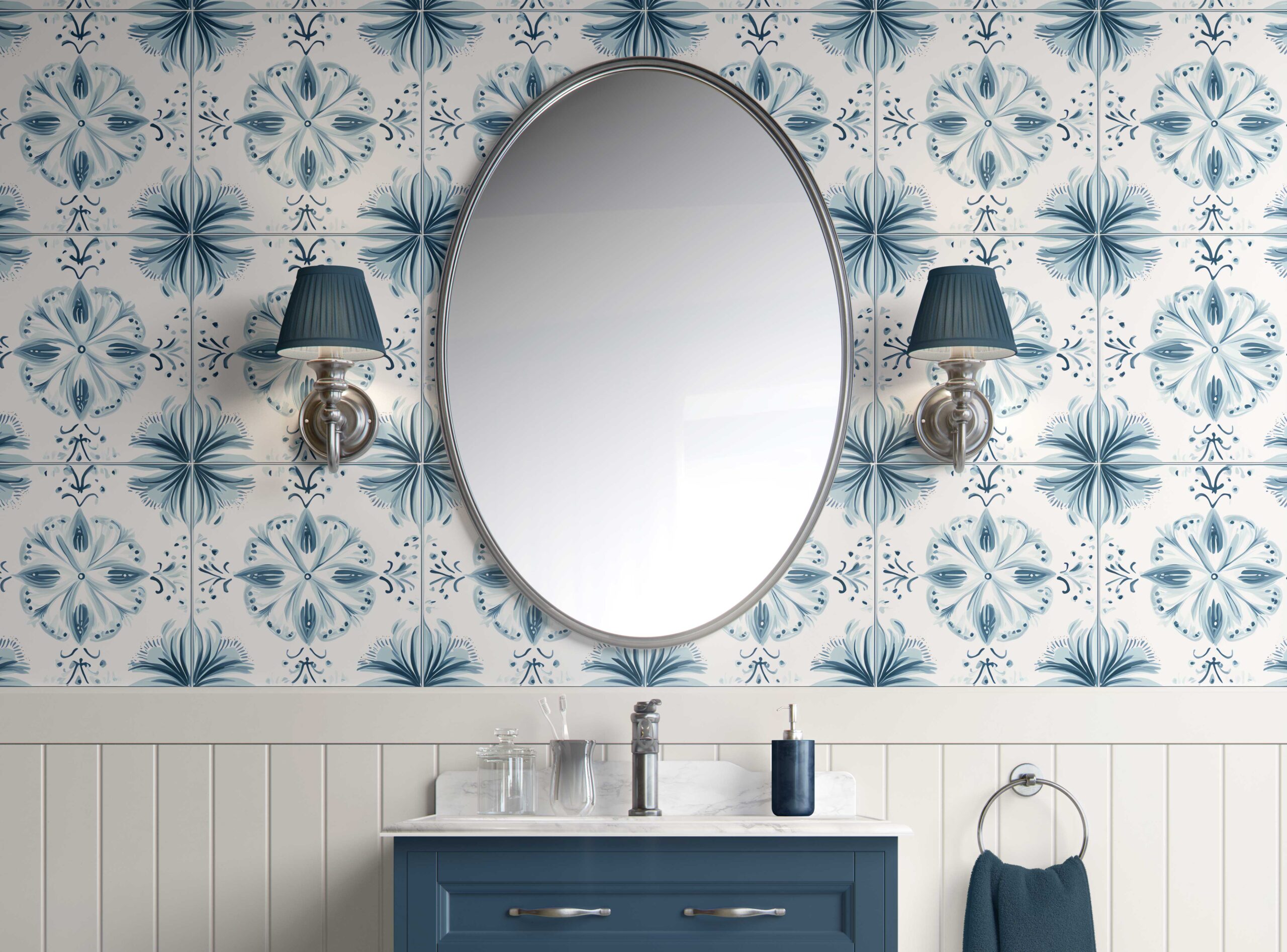 Bathroom Walls Azure Blossom Medley Peel and Stick Wallpaper 