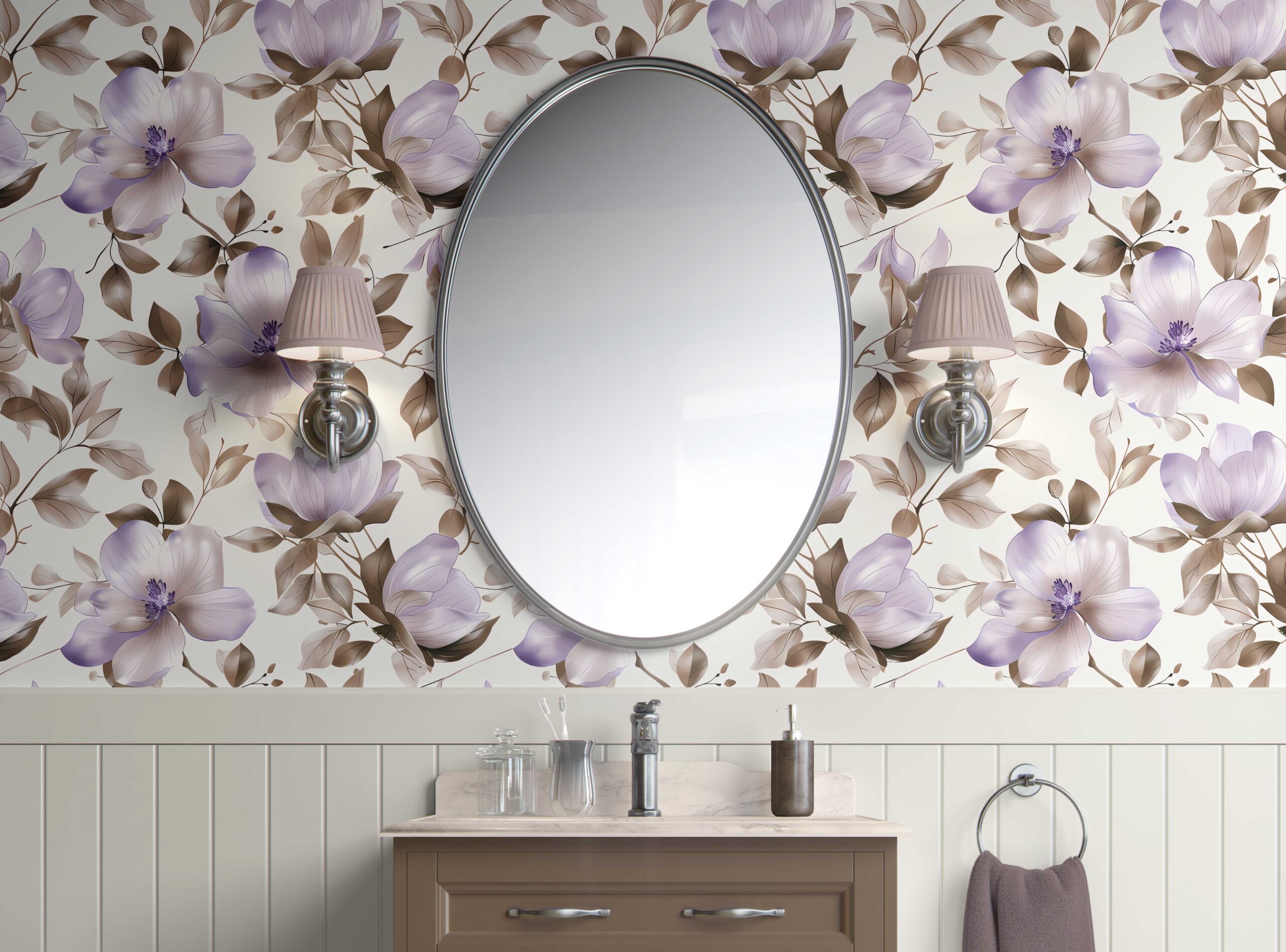 Bathroom Walls Elegant Purple and Beige Floral Peel and Stick Wallpaper 