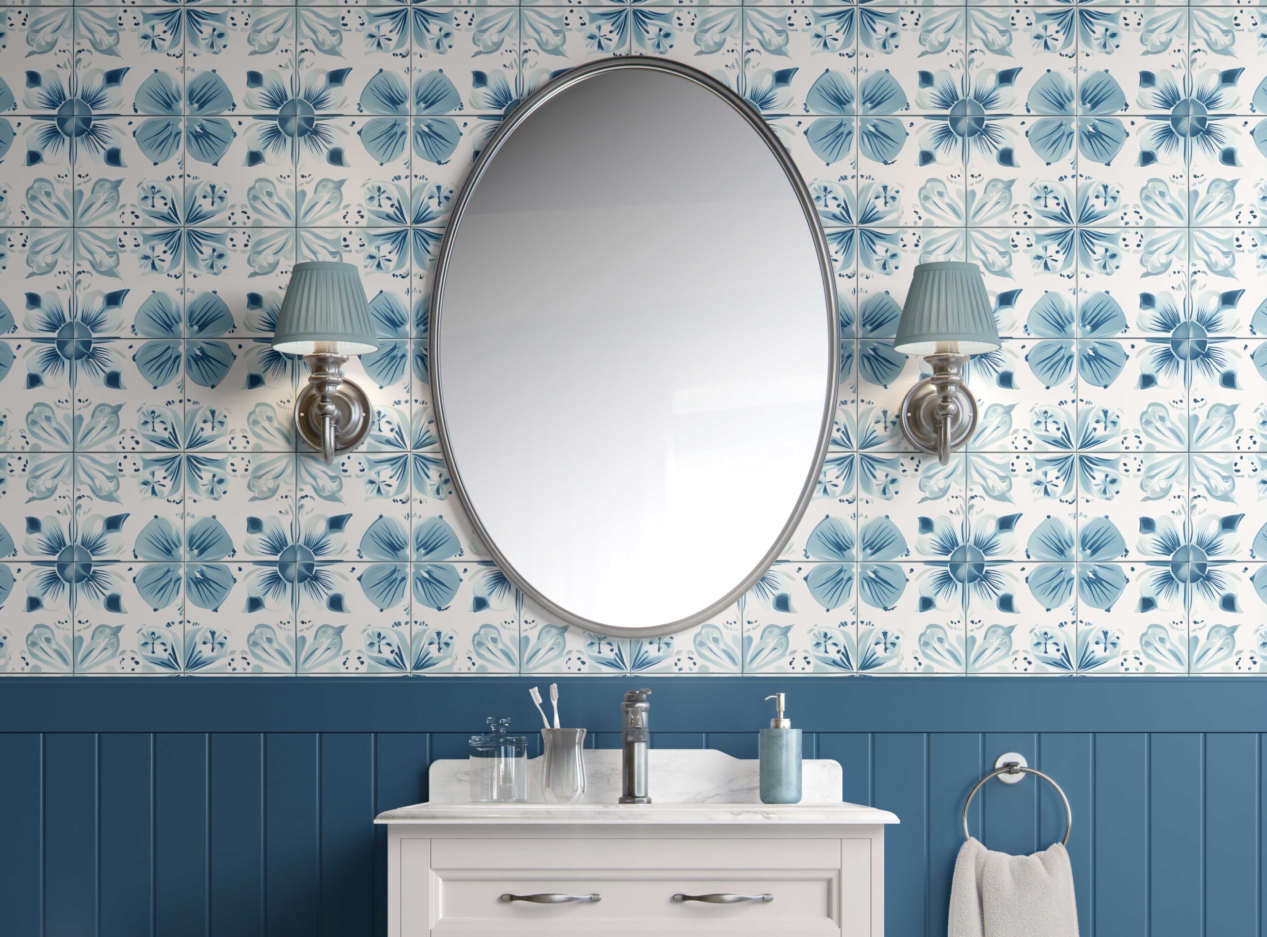 Bathroom Walls Oceanic Blossom Tile Peel and Stick Wallpaper 