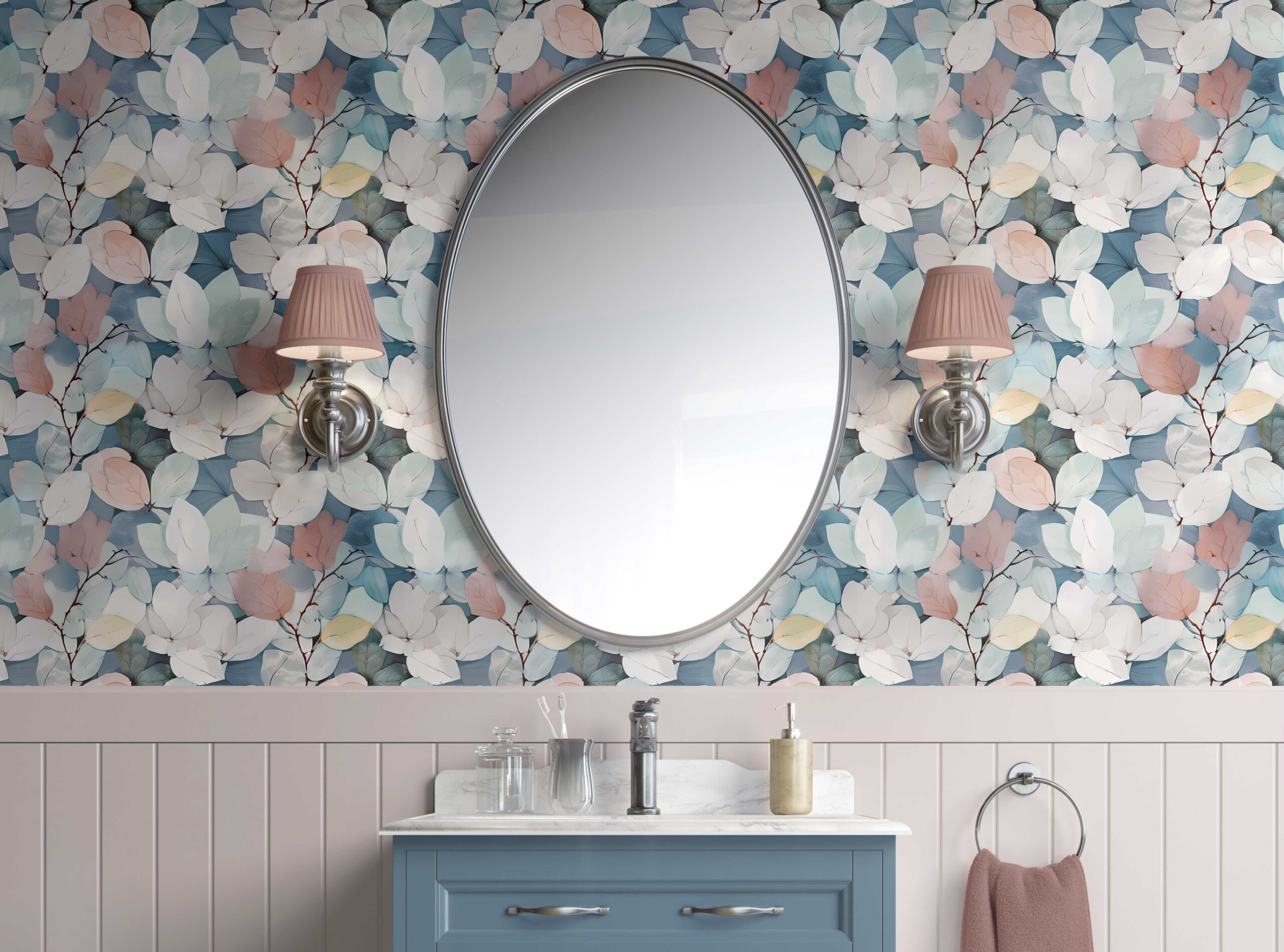 Bathroom Walls Soft Muted Floral Pattern Peel and Stick Wallpaper 