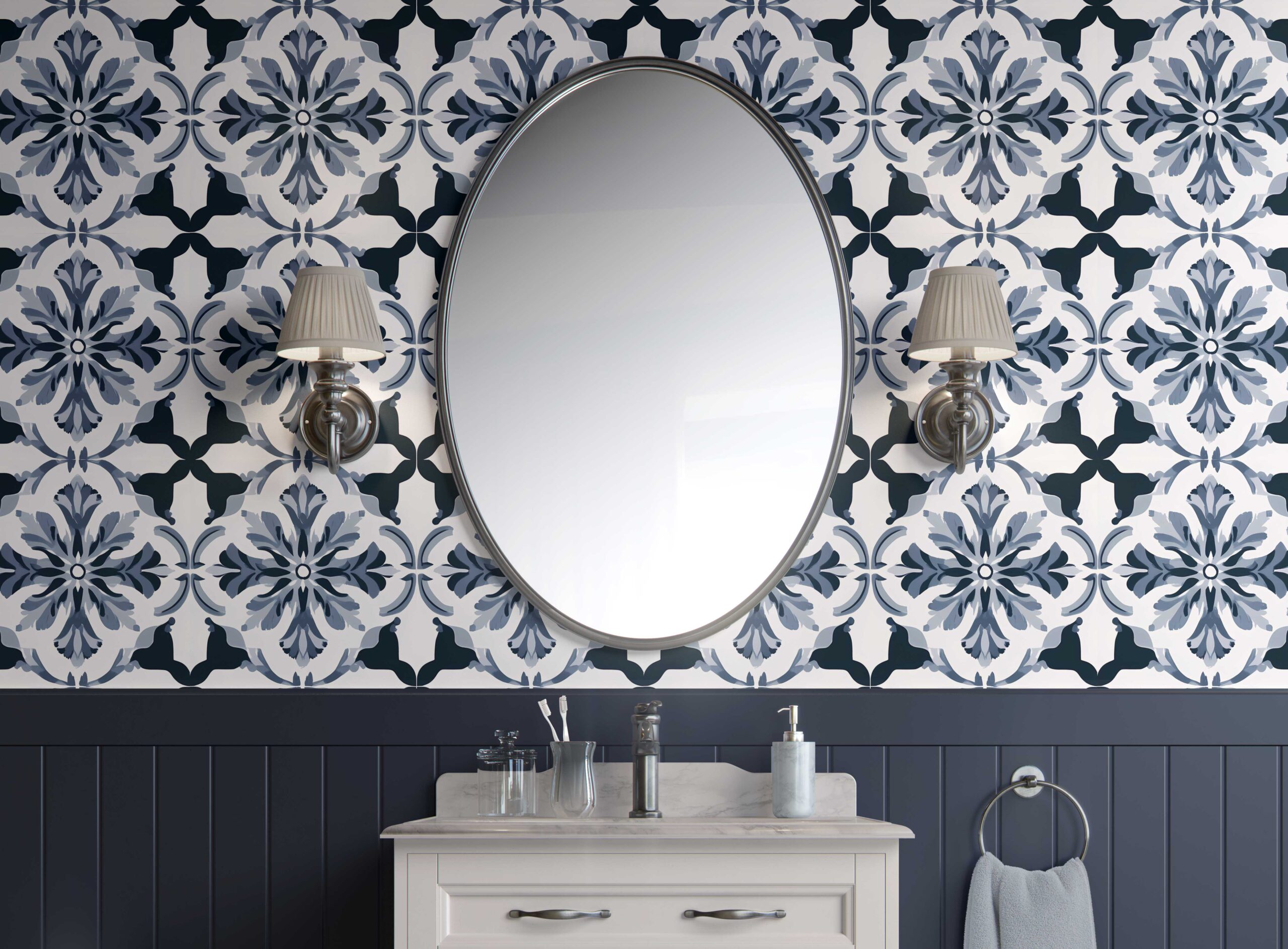Bathroom Walls Timeless Indigo Floral Tiles Peel and Stick Wallpaper
