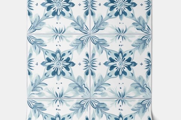 COASTAL BLOSSOM TILES – SOFT TEAL, WHITE – COASTAL PEEL AND STICK WALLPAPER