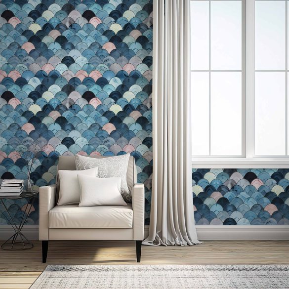Hall-w-Chair—Modern-Wave-Pattern-lr green and blue wallpaper