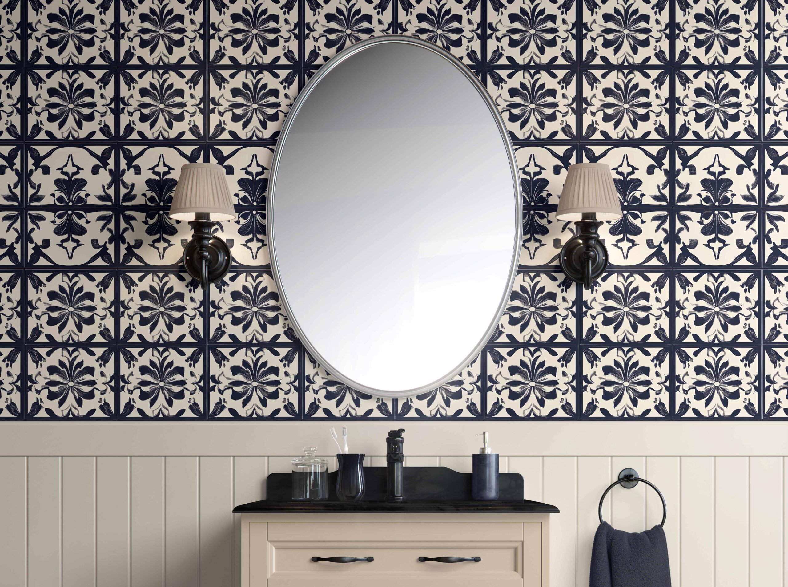 Midnight Floral Tiles Peel and Stick Wallpaper