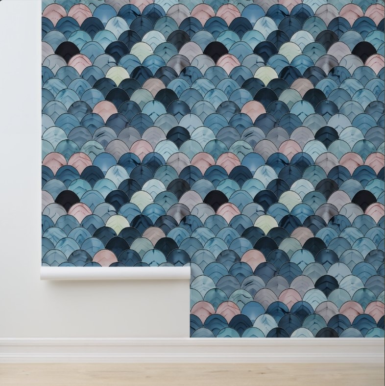 Unrolling OCEANIC SCALES – BLUE, PINK, GRAY – COASTAL PEEL AND STICK WALLPAPER