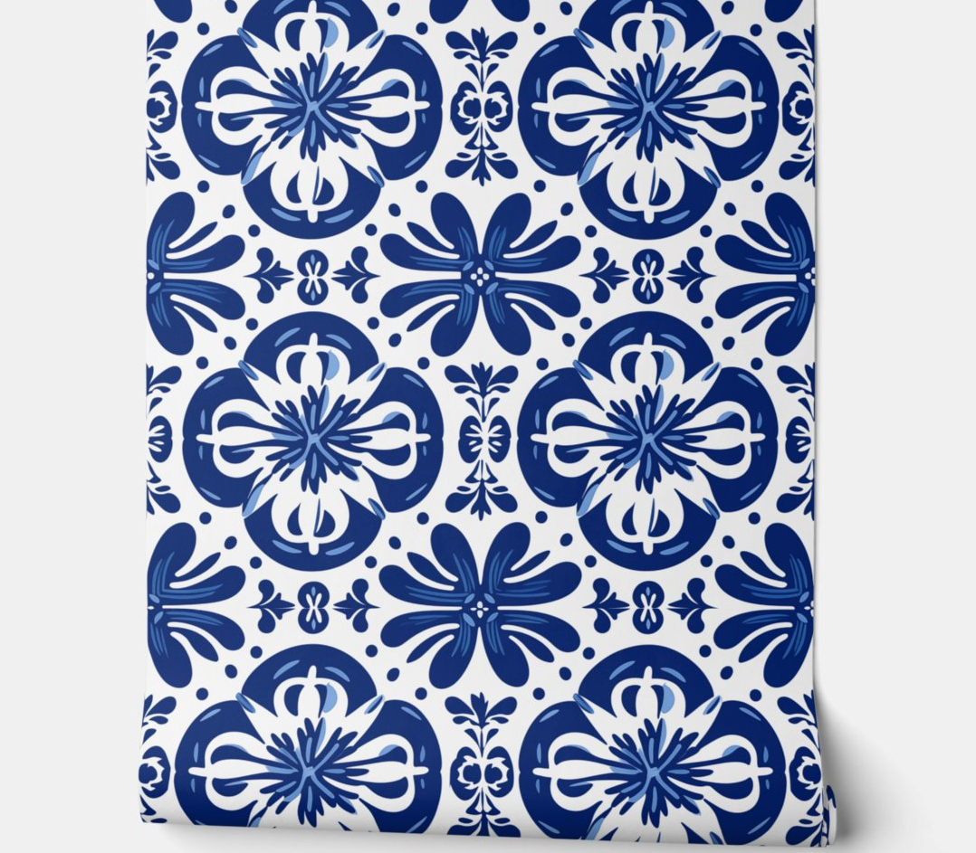 Mediterranean Blue Flourish - Indigo and White - Traditional Peel and Stick Wallpaper