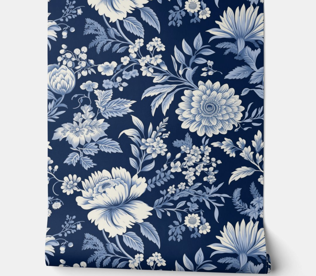 Midnight Blossom - Blue and White - Traditional Peel and Stick Wallpaper