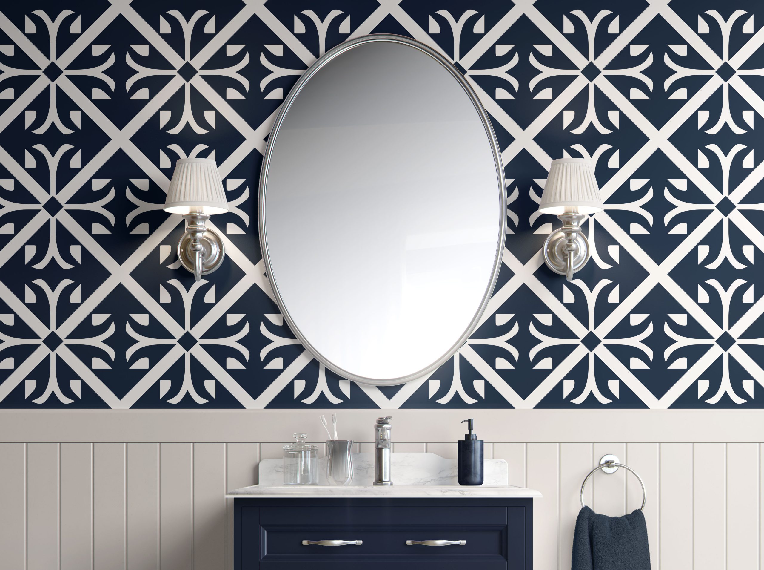 Classic Navy Tiles - Navy and White - Traditional Peel and Stick Wallpaper