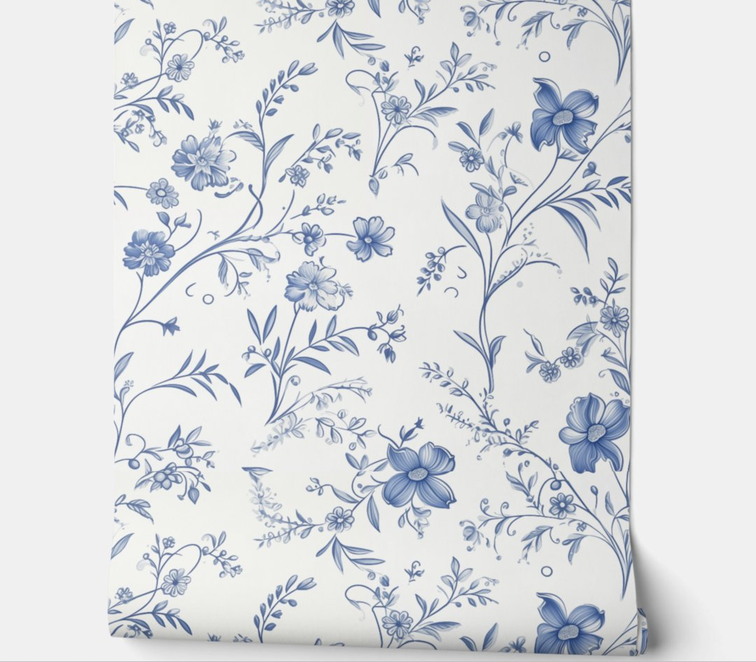 French Floral Charm - Blue and Off-White - French Country Peel and Stick Wallpaper