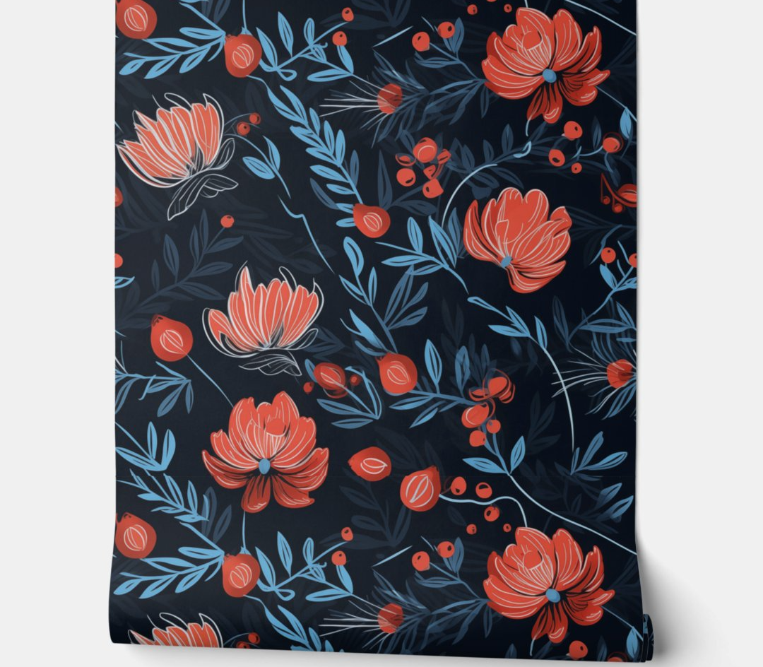 Midnight Berry Blooms - Black, Red, and Blue - Eclectic Peel and Stick Wallpaper