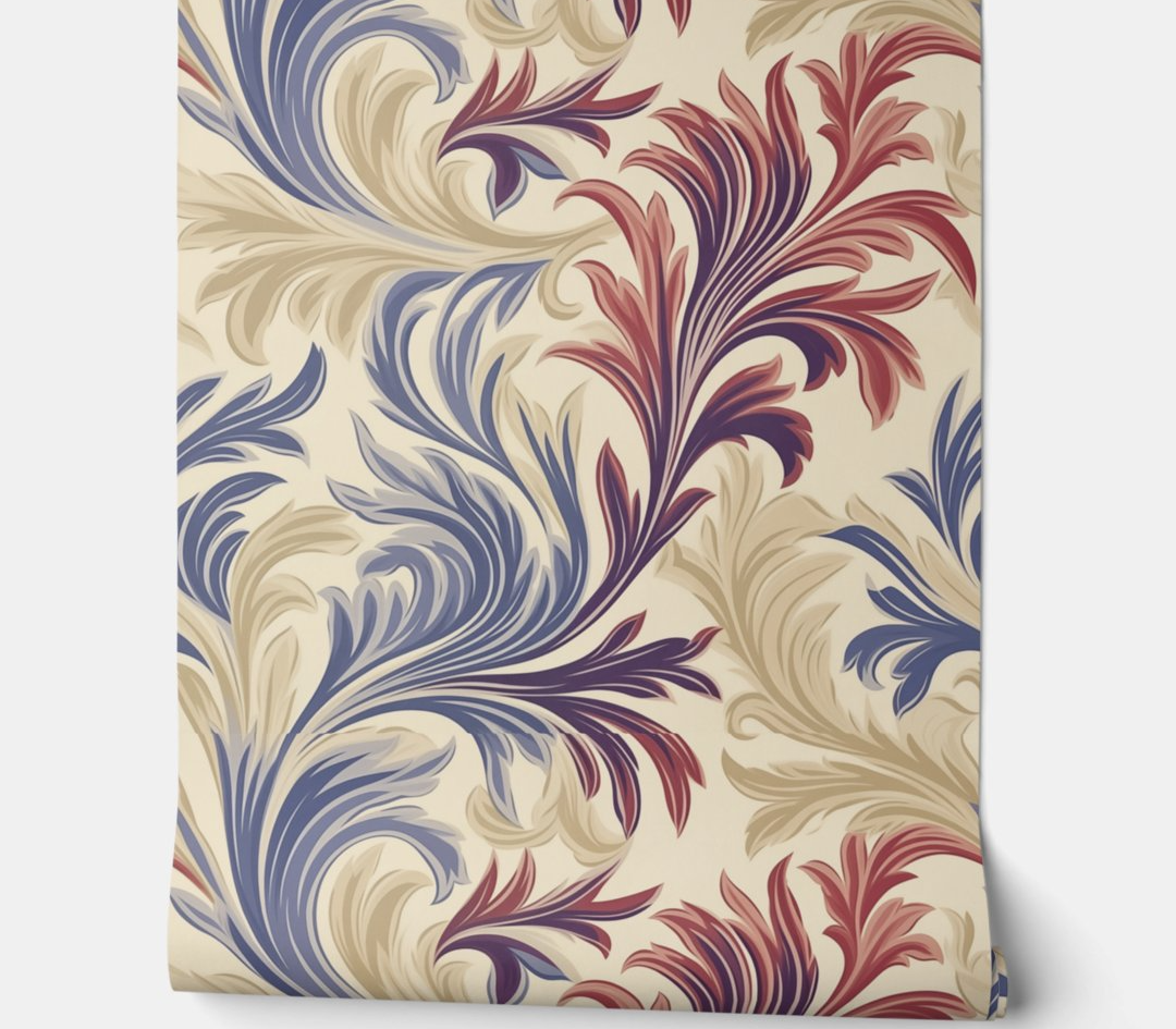 Regal Flourish Elegance - Beige, Burgundy, and Blue - Traditional Peel and Stick Wallpaper