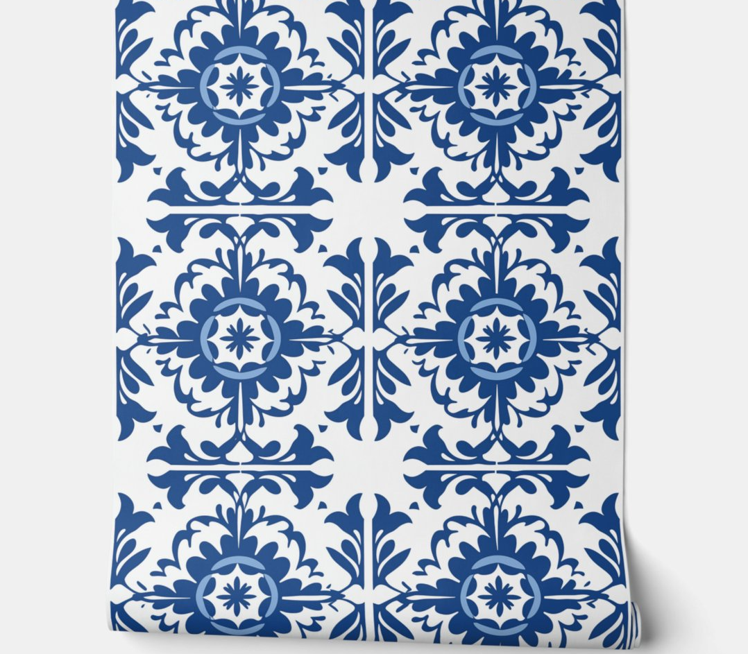 Portuguese Tile Harmony - Blue and White - Traditional Peel and Stick Wallpaper