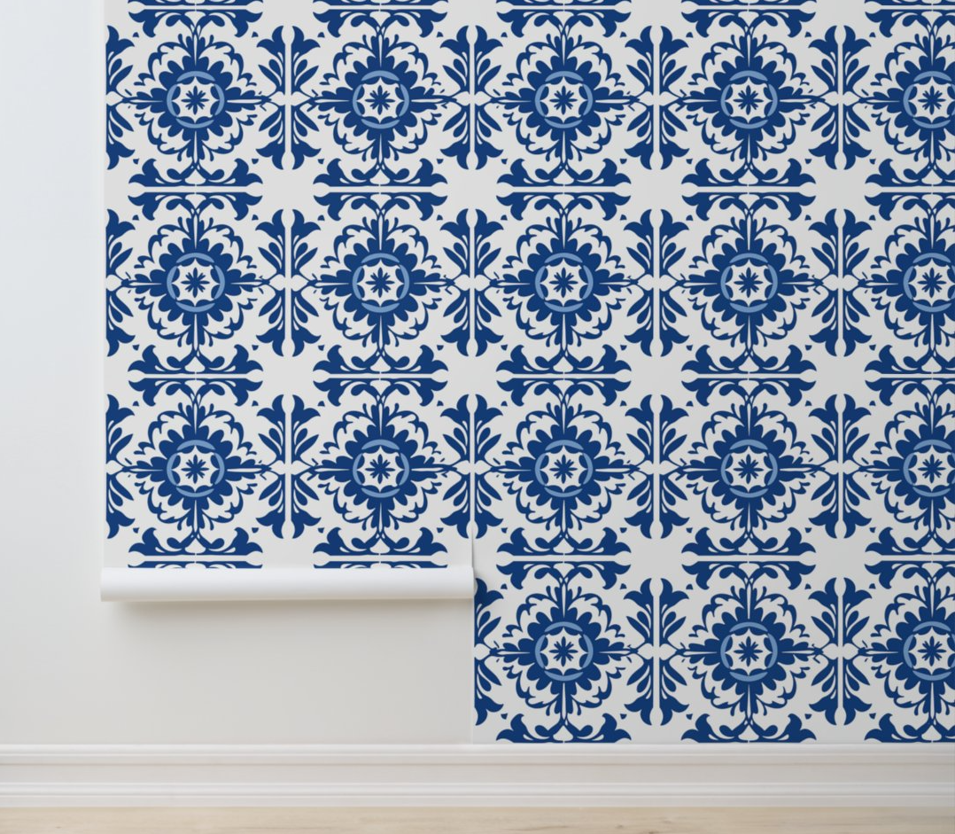 white and blue peel and stick wallpaper