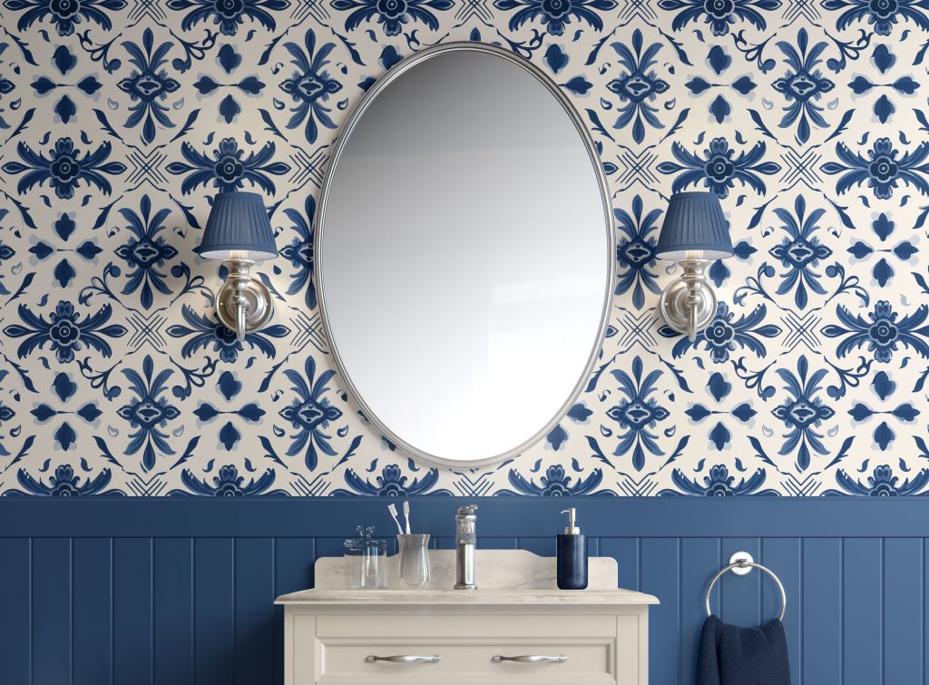 Portuguese-Azulejo-peel and stick wallpaper bathroom