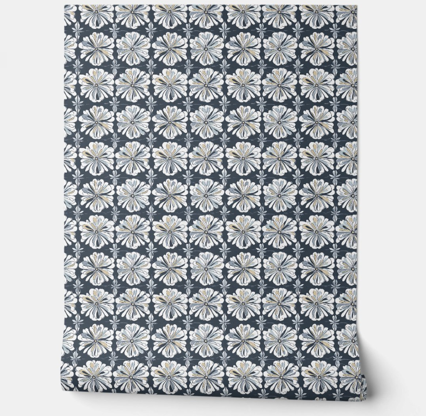 Midnight Bloom Mini - Muted Navy, Beige, White - Organic Modern