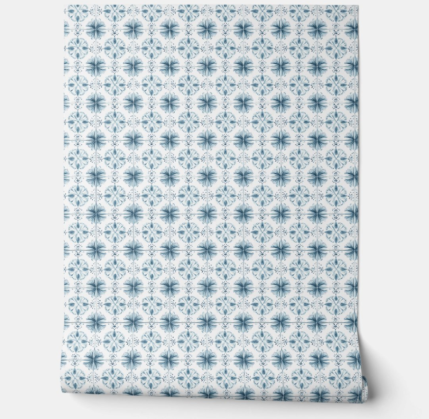 Soft Teal Blossom Medley Mini - Teal, White - Coastal Tile