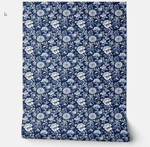 Midnight Blossom Mini - Blue and White - Traditional Style Peel and Stick Wallpaper
