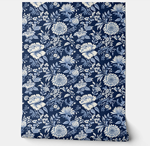 Midnight Blossom Petite - Blue and White - Traditional Style Peel and Stick Wallpaper