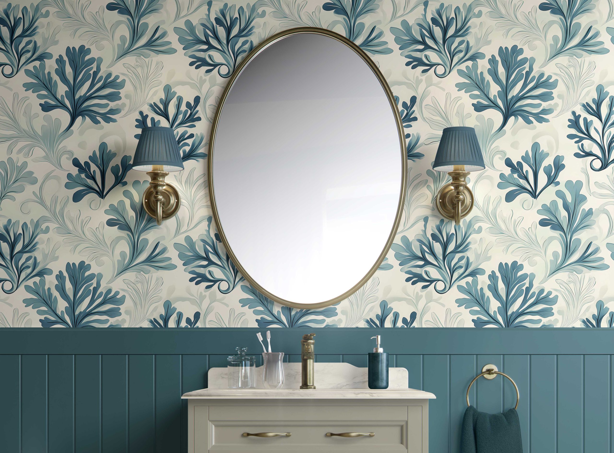 Bathroom-Cabinet-Coastal wallpaper design Sea Fern Whispers
