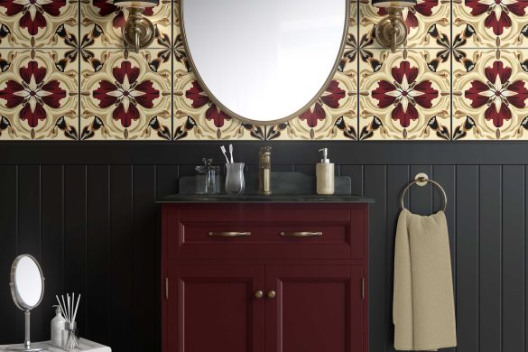 Bathroom-Cabinet-Crimson Grandeur-Traditional floral peelable wallpaper Bathroom-Cabinet-Crimson Grandeur-Traditional floral peelable wallpaper