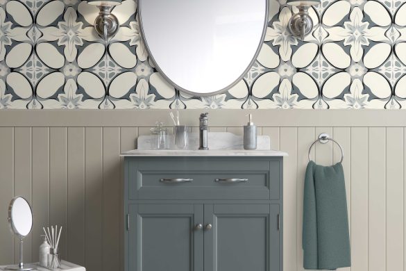 Bathroom-Cabinet-Geometric Floral Elegance-easy removable wallpaper Bathroom-Cabinet-Geometric Floral Elegance-easy removable wallpaper