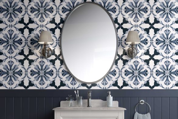 Bathroom-Cabinet-Indigo Floral Elegance- French Country Peel & Stick Wallpaper Bathroom-Cabinet-Indigo Floral Elegance- French Country Peel & Stick Wallpaper