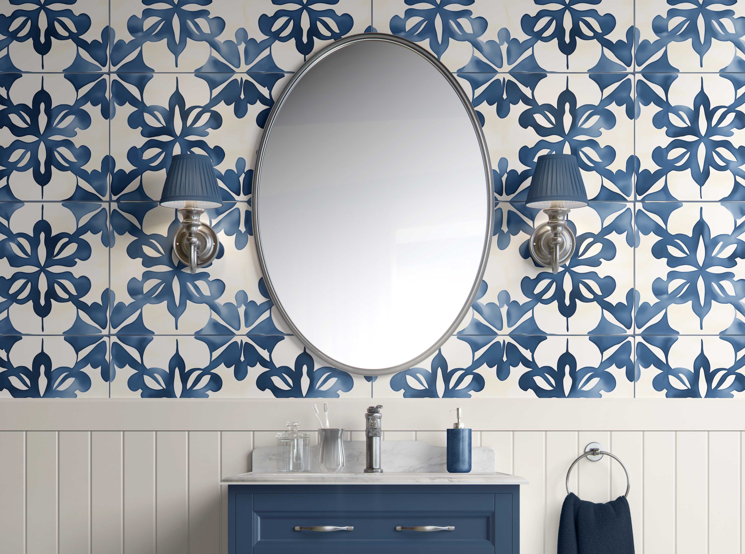 Bathroom-Cabinet-Indigo Floral Medley-Coastal peel & stick wallpaper