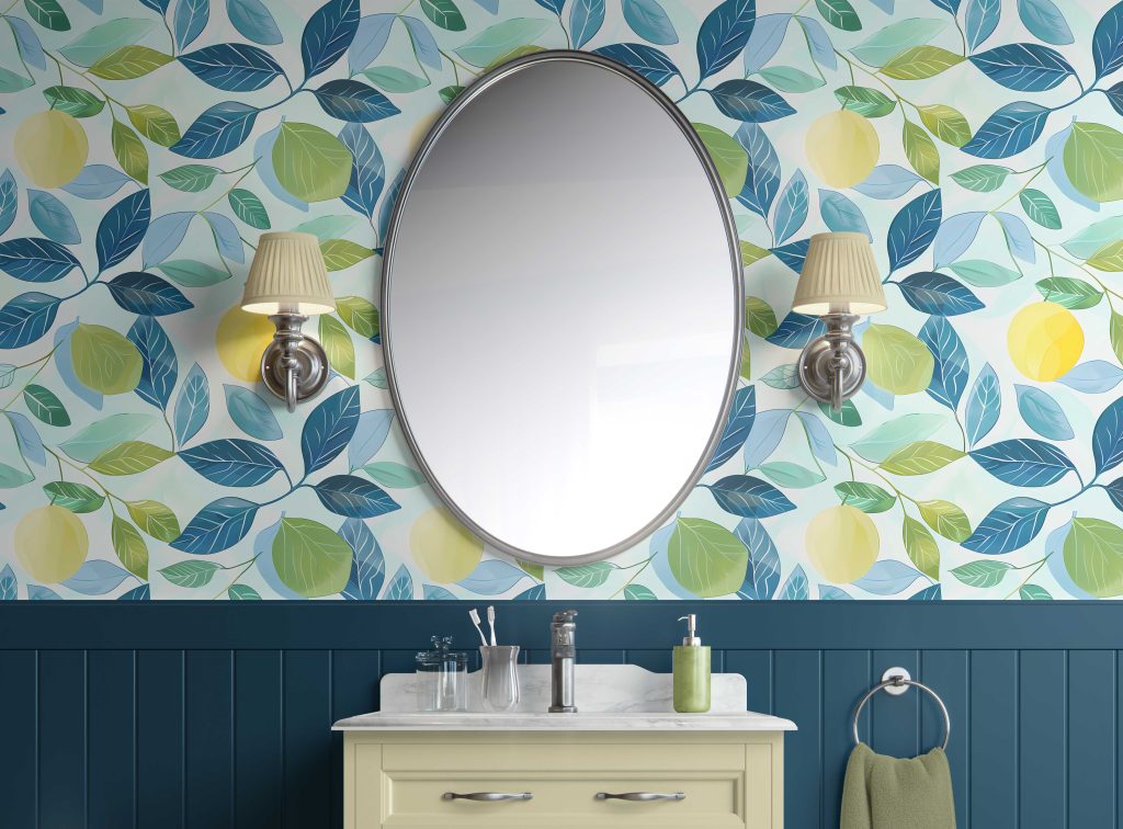 LEMON GROVE BLISS – BLUE, GREEN, YELLOW peel and stick wallpaper bathroom ideas