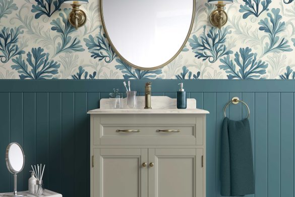 Bathroom-Cabinet-Sea Fern Whispers Coastal peel and stick wallpaper Bathroom-Cabinet-Sea Fern Whispers Coastal peel and stick wallpaper