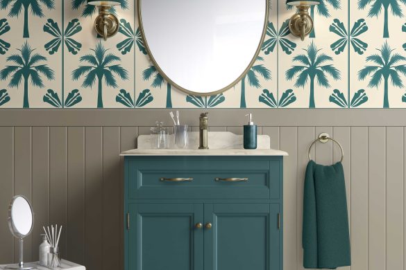 Bathroom-Cabinet-Tropical Palm Escape Wallpaper Bathroom-Cabinet-Tropical Palm Escape Wallpaper