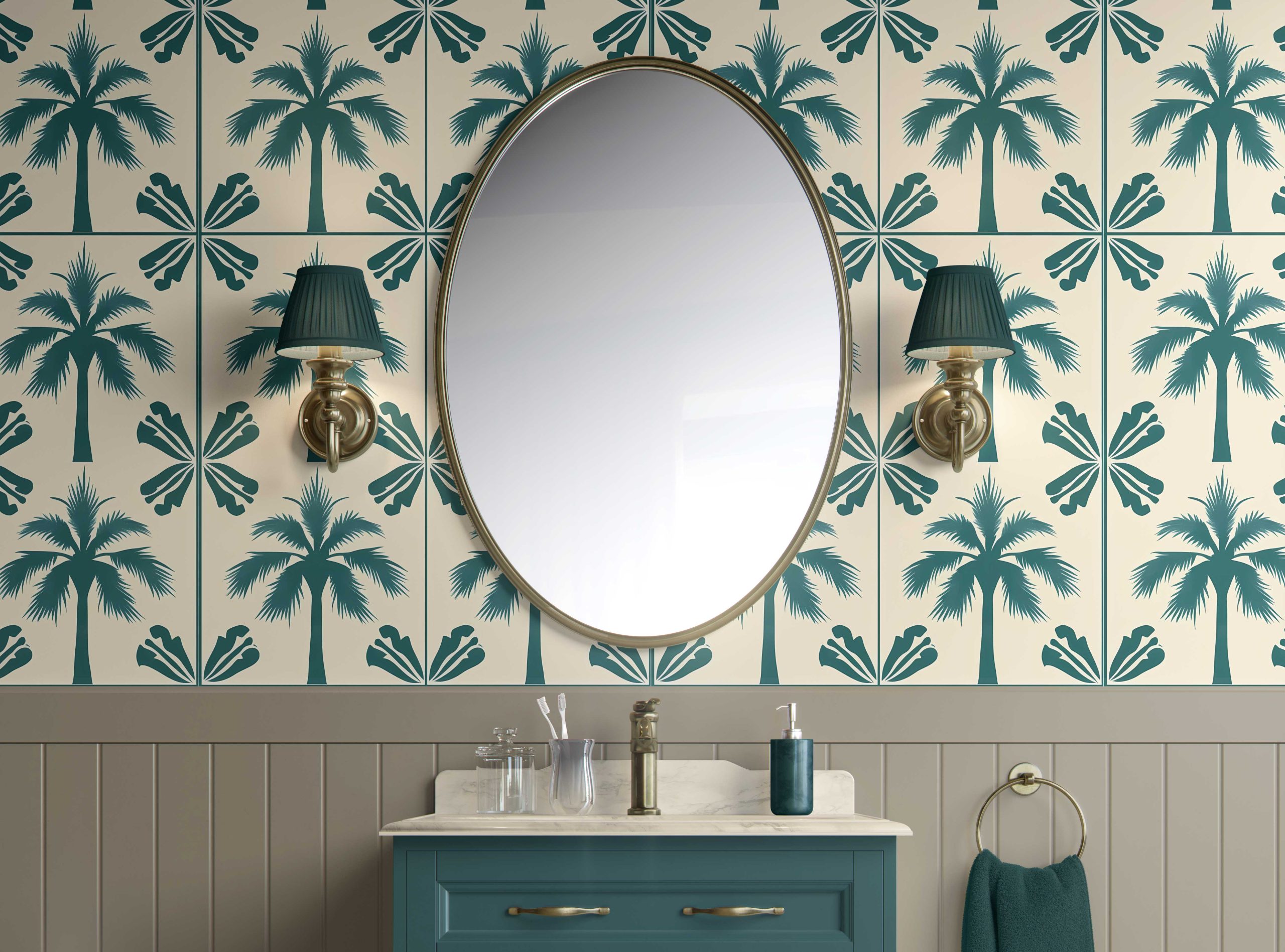 Bathroom-Cabinet-Tropical Palm Escape peel & stick wallpaper