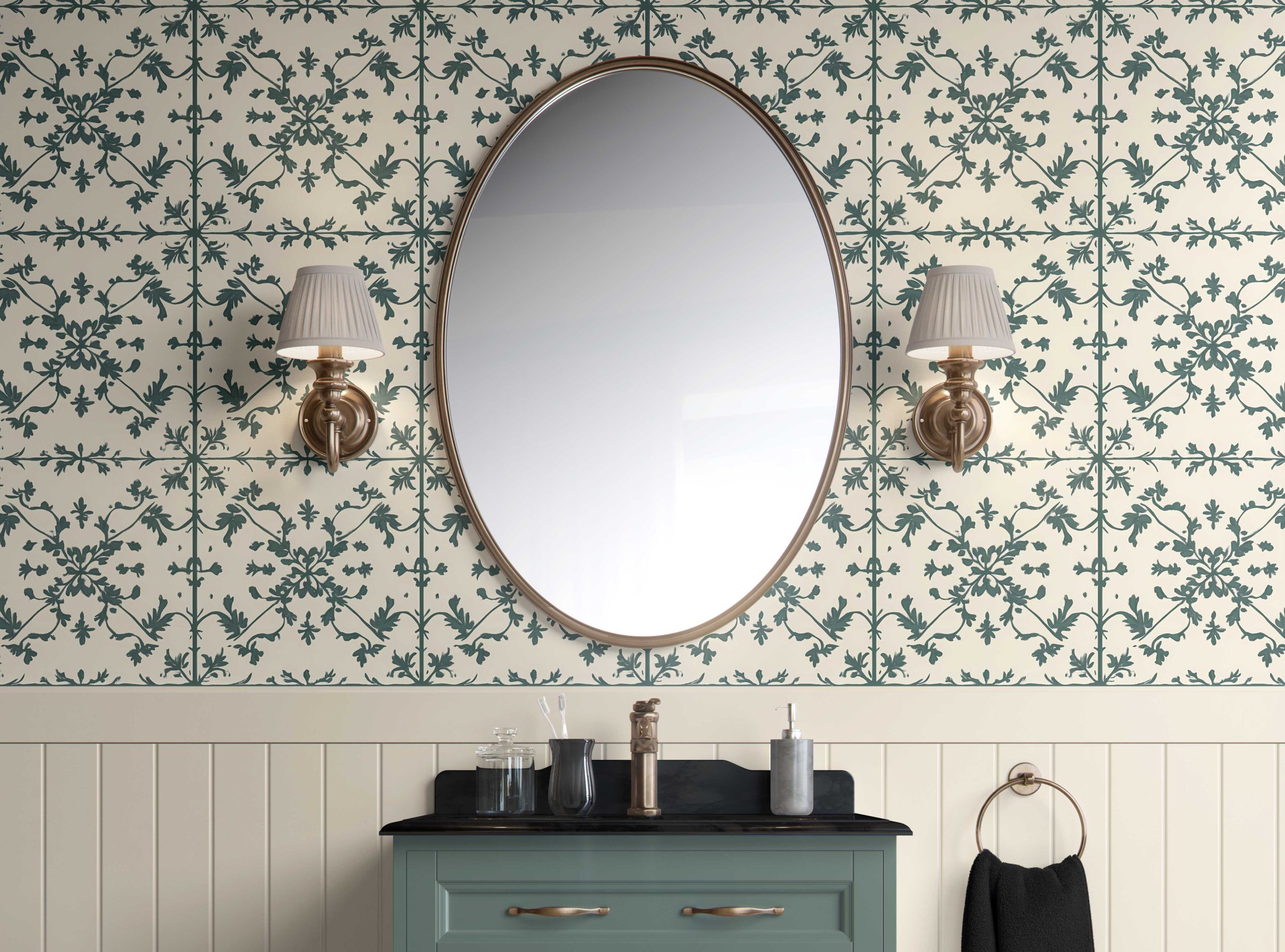 Bathroom-Cabinet-Vintage Ivy Scroll-best peel & stick wallpaper