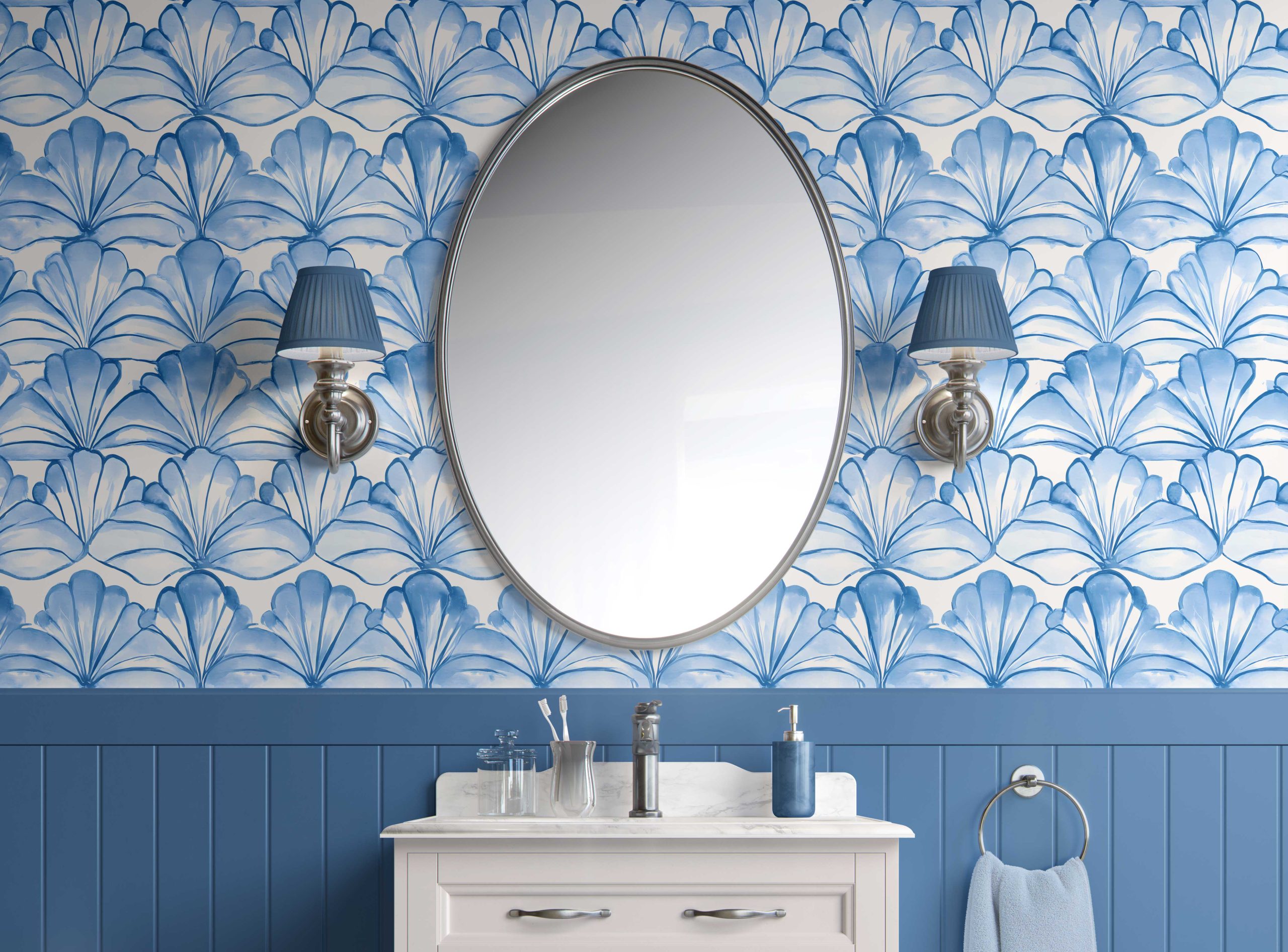 Bathroom-Cabinet-Wallpaper-Aqua Fan Breeze coastal blue peel and stick wallpaper