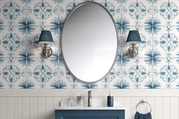 Bathroom-Cabinet-Wallpaper-Soft teal blossom medley coastal peel & stick wallpaper