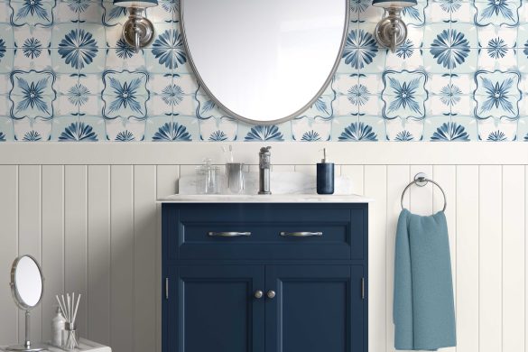 Bathroom-Cabinet-coastal blue peel and stick wallpaper Ocean Harmony tiles