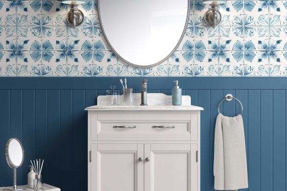 Bathroom-Cabinet-Tiled Ocean Bloom peel & stick wallpaper coastal