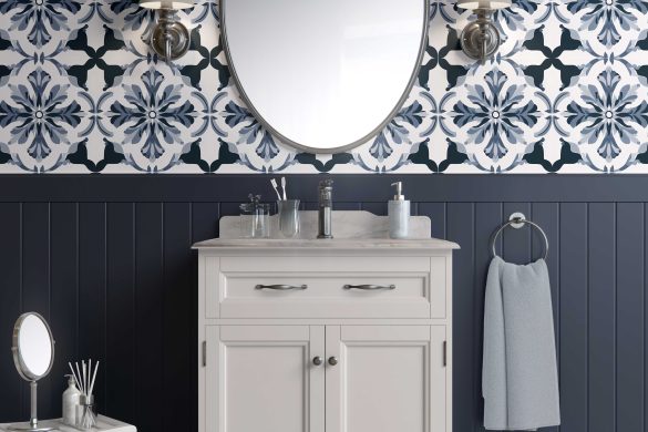 Bathroom-peel and stick wallpaper renter friendly Indigo Floral Elegance Bathroom-peel and stick wallpaper renter friendly Indigo Floral Elegance