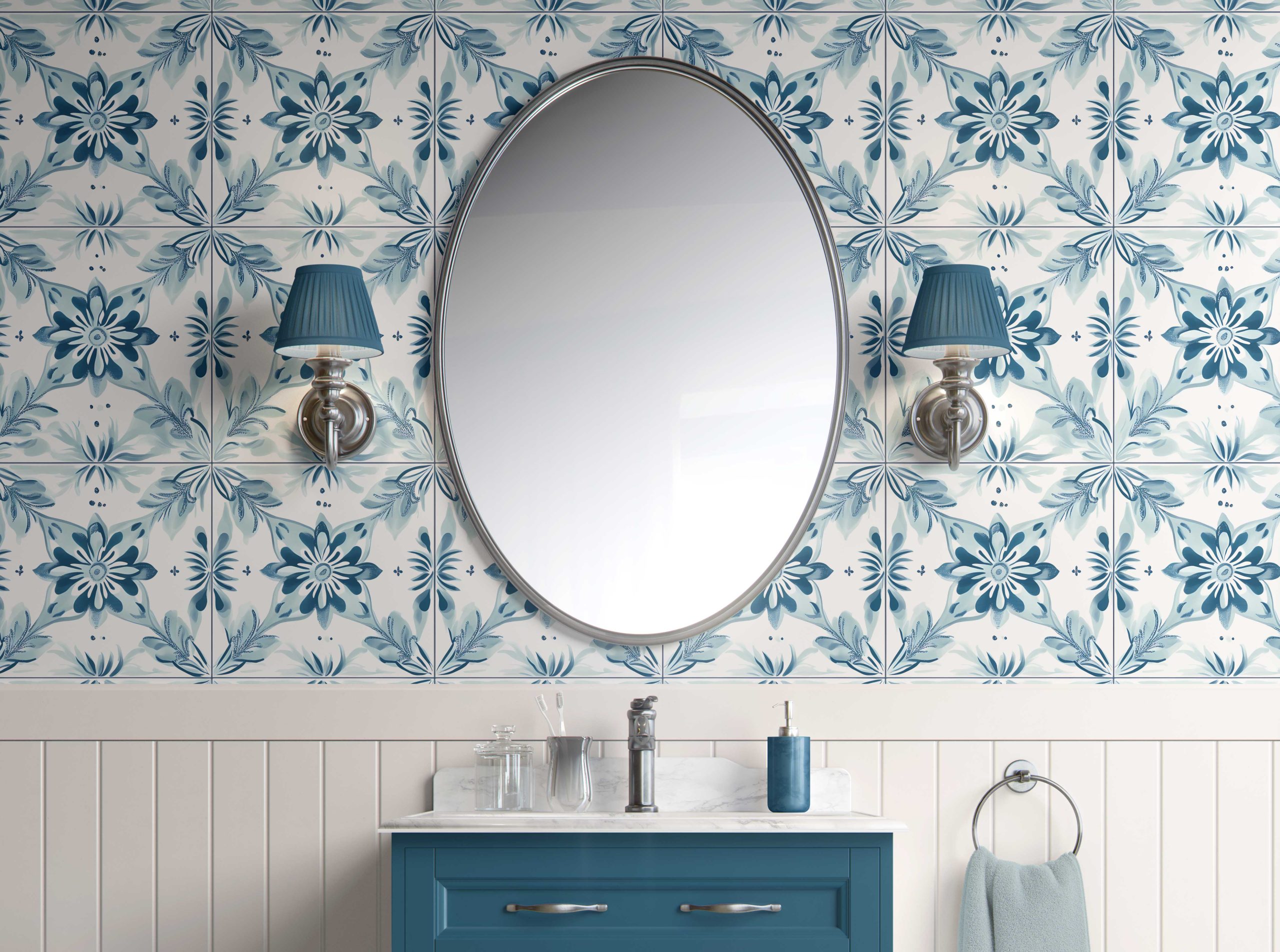 Coastal Blossom Tiles Peel & Stick Bathroom Wallpaper