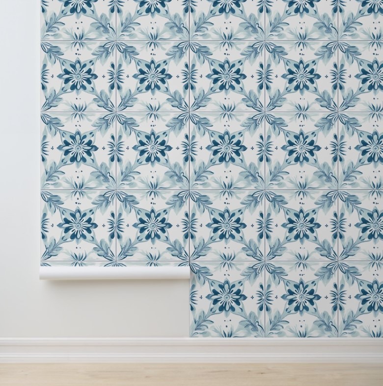 Coastal Blossom Tiles peel and stick wallpaper renter friendly