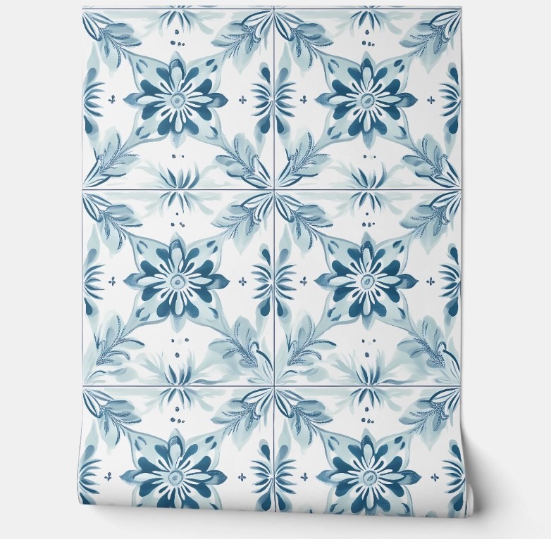 COASTAL BLOSSOM TILES โ SOFT TEAL, WHITE โ COASTAL PEEL AND STICK WALLPAPER