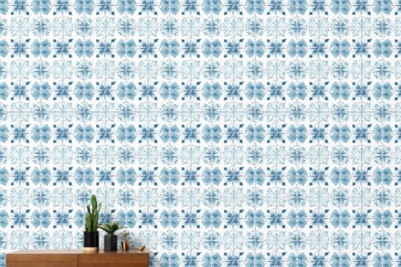 Hallway peel and stick wallpaper Teal Tiled Ocean Bloom coastal