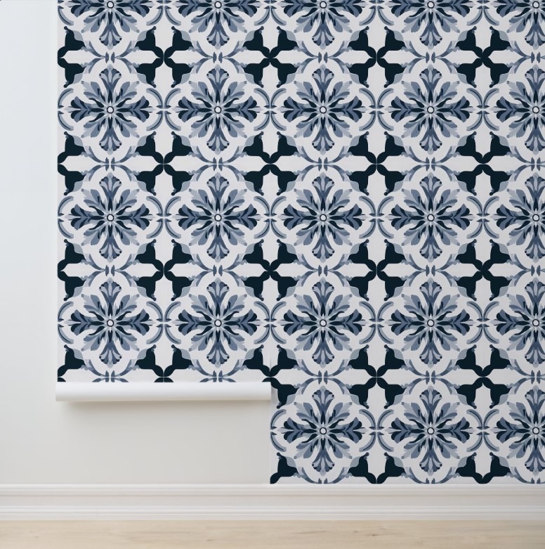 Indigo Floral Elegance easy removable wallpaper