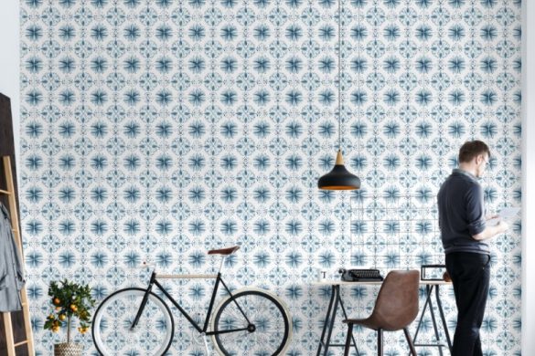 Living room Soft Teal Blossom Medley peelable wallpaper design