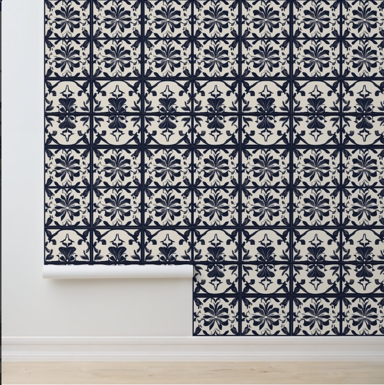 Midnight Bloom Tiles Vintage peel and stick wallpaper