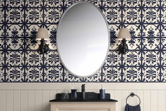 Midnight Bloom Tiles-easy removable wallpaper-bathroom Midnight Bloom Tiles-easy removable wallpaper-bathroom