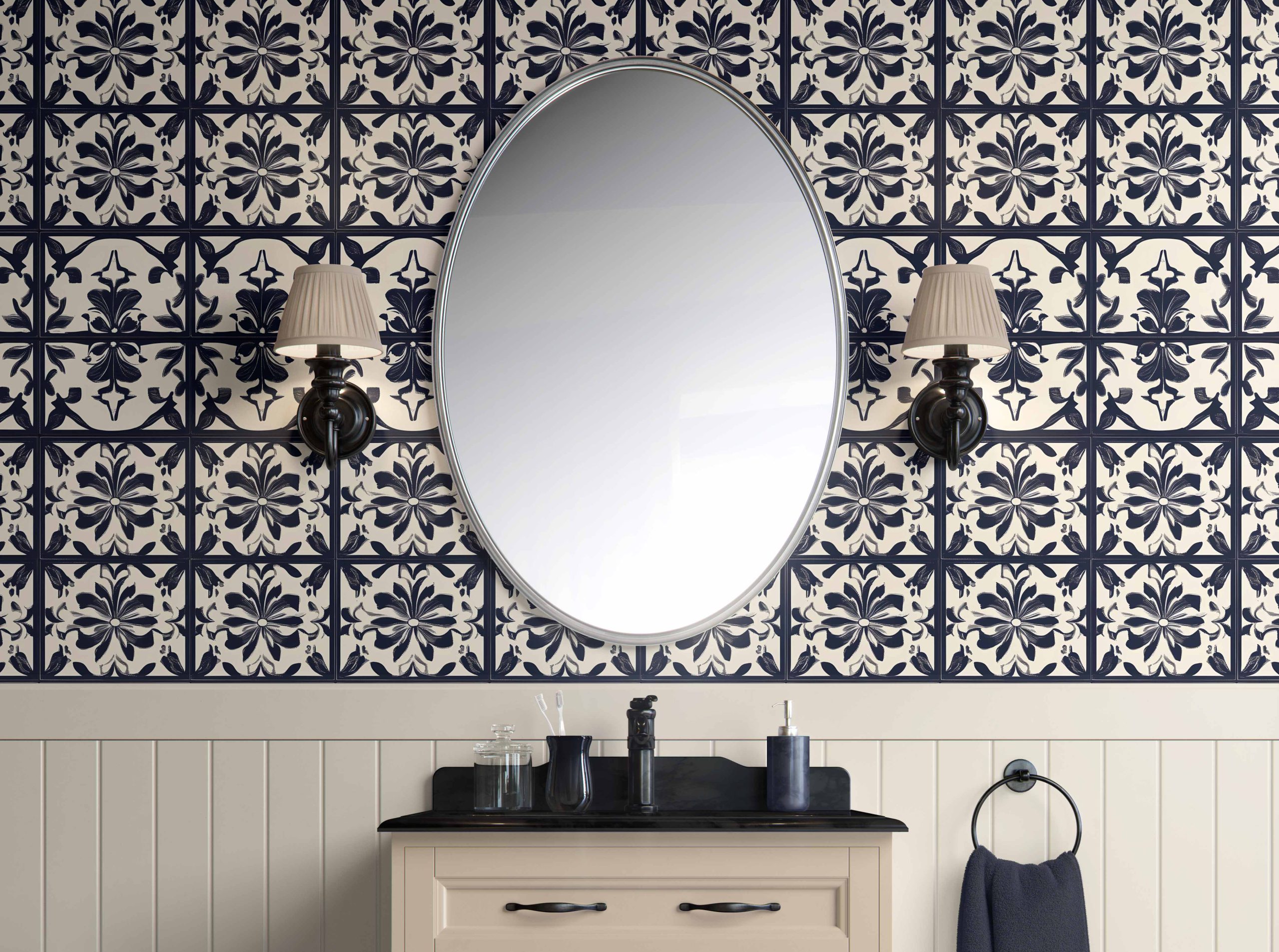Midnight Bloom Tiles-easy removable wallpaper-bathroom